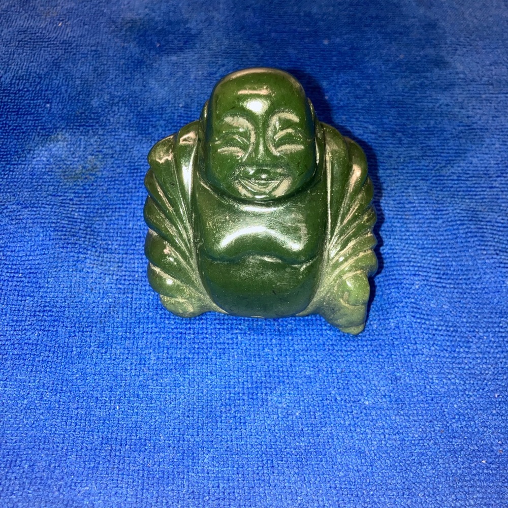 Vintage Laughing Buddha Hand Carved Dark Green Jade Gemstone Figurine.